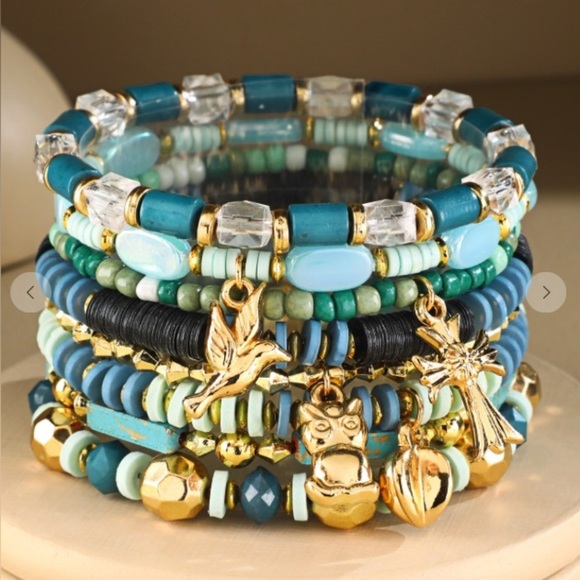 8 Layered Stretch & Stack Goldtone and Blue Beaded Charm Bracelet Set - Picture 1 of 2